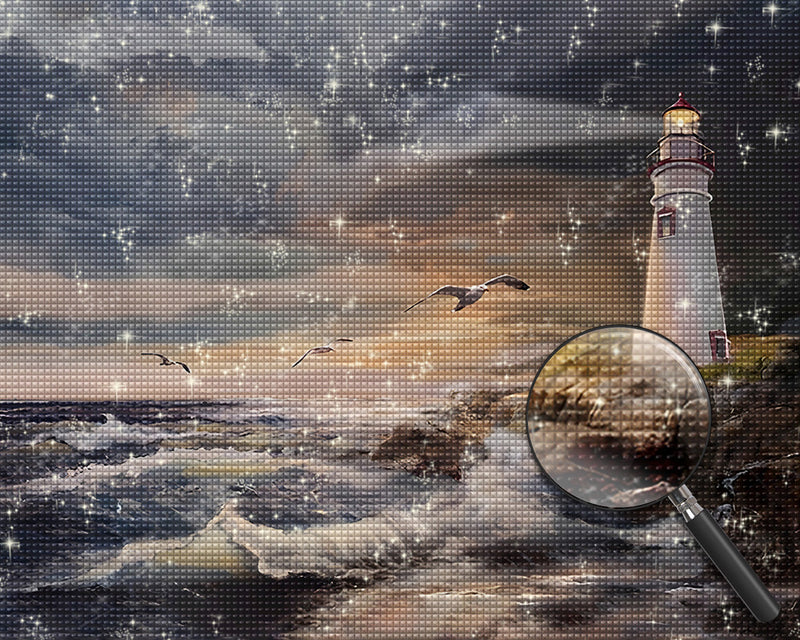 Der weiße Leuchtturm und die Möwen Diamond Painting