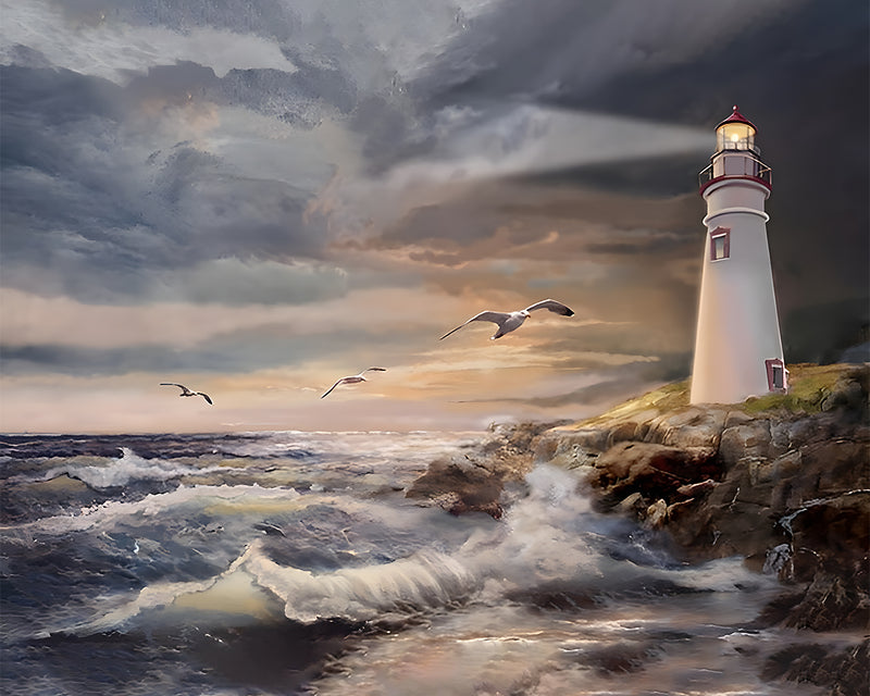 Der weiße Leuchtturm und die Möwen Diamond Painting