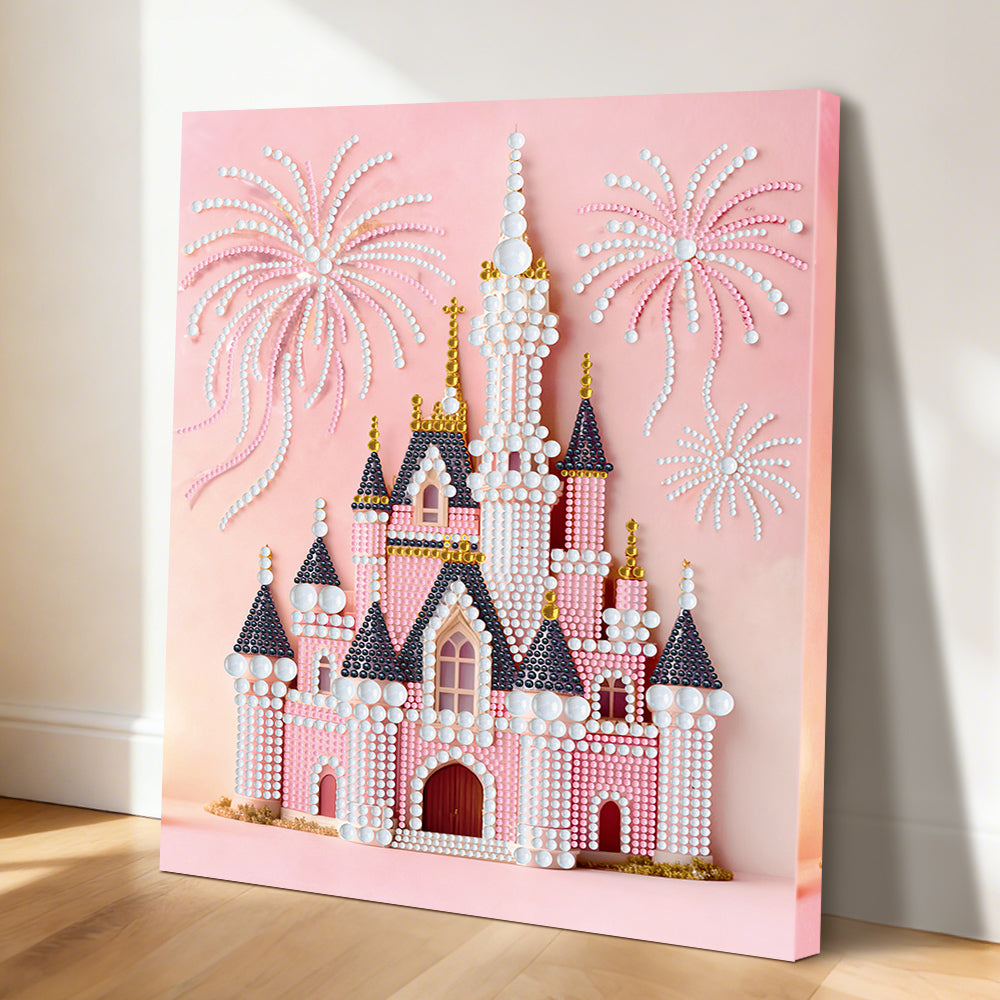 Diamond Painting | Perlenmalerei | Rosa Schloss und Feuerwerk