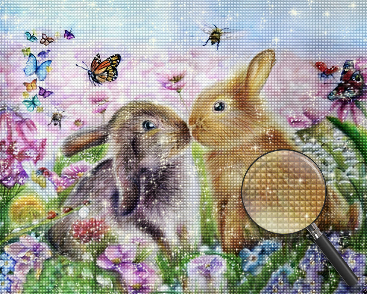 Die küssenden Kaninchen auf dem Blumenfeld Diamond Painting