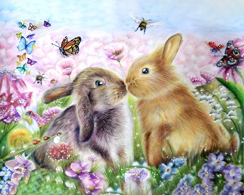 Die küssenden Kaninchen auf dem Blumenfeld Diamond Painting