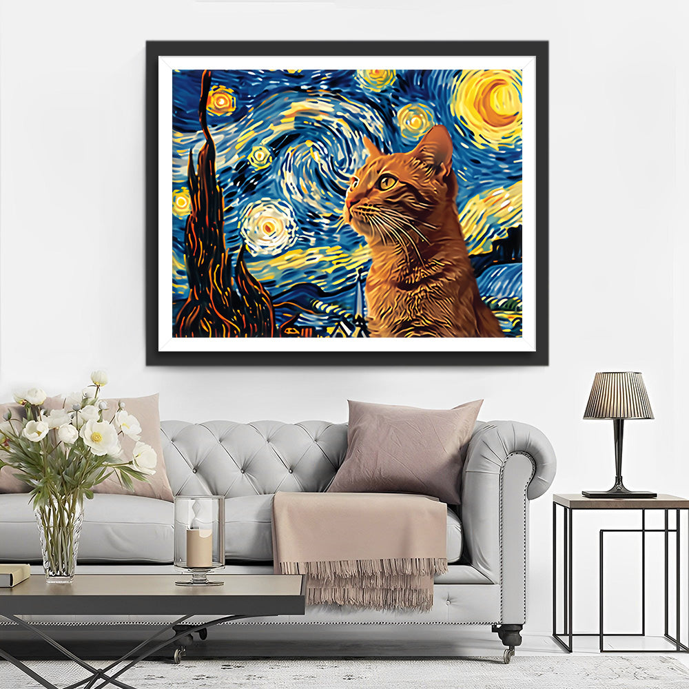 Die orangefarbene Katze und der Sternenhimmel Diamond Painting