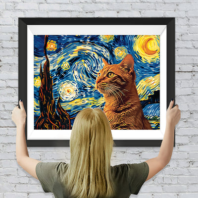 Die orangefarbene Katze und der Sternenhimmel Diamond Painting