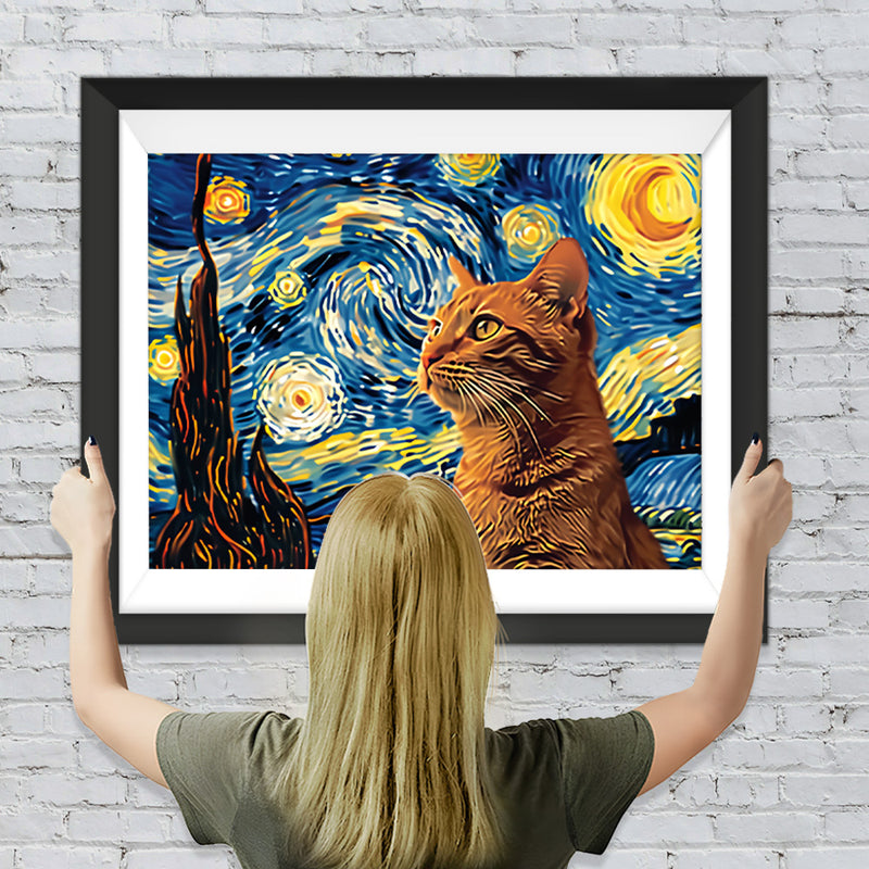 Die orangefarbene Katze und der Sternenhimmel Diamond Painting