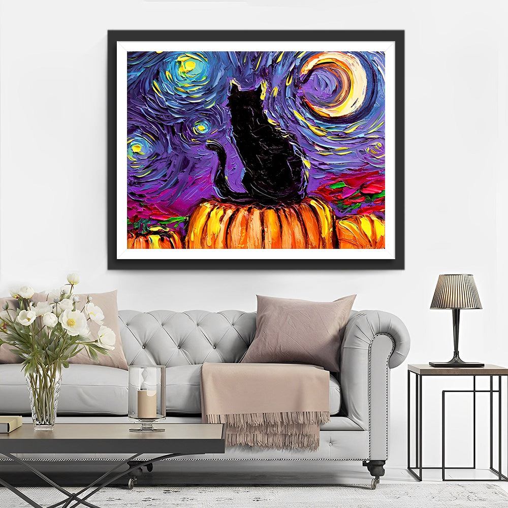 Die schwarze Katze und der Sternenhimmel Diamond Painting