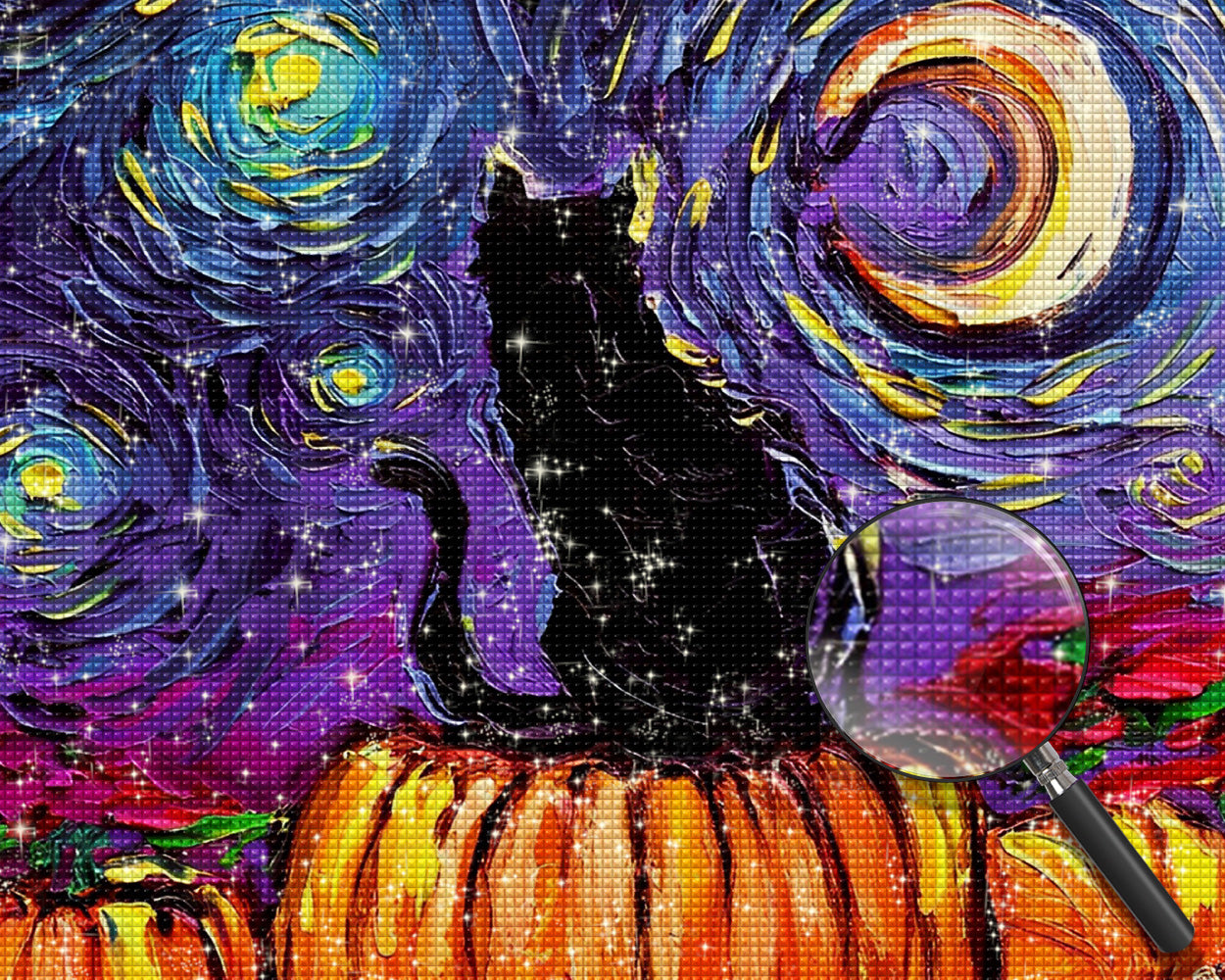Die schwarze Katze und der Sternenhimmel Diamond Painting