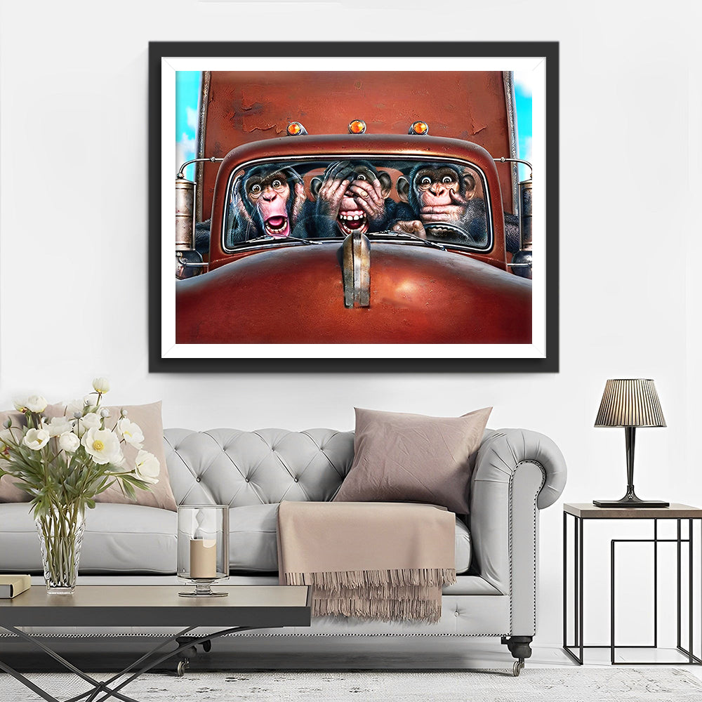Drei Affen in einem roten Auto Diamond Painting