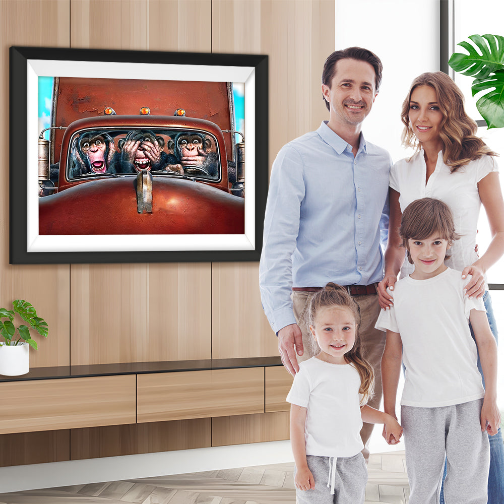 Drei Affen in einem roten Auto Diamond Painting