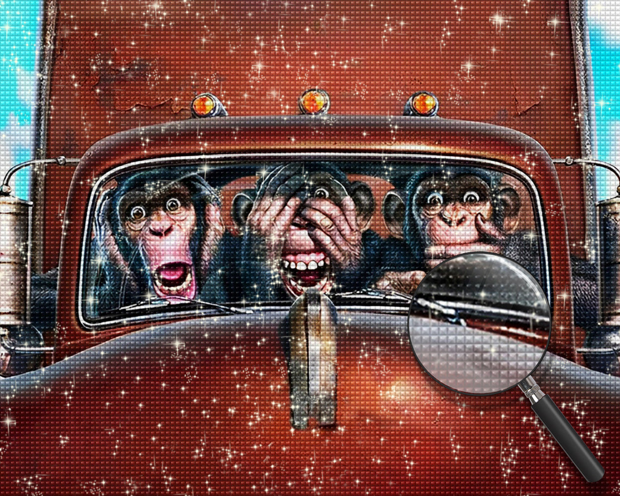 Drei Affen in einem roten Auto Diamond Painting