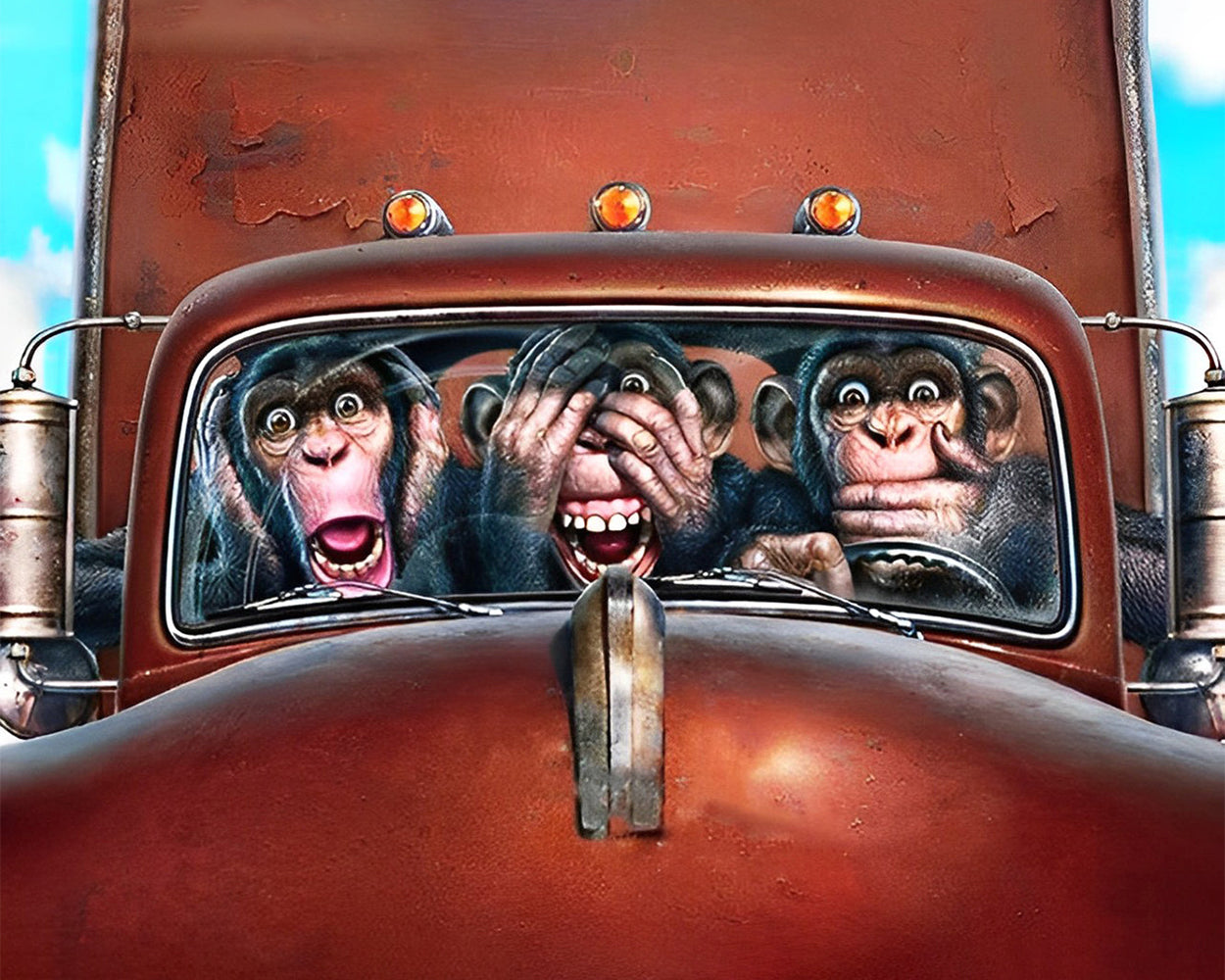 Drei Affen in einem roten Auto Diamond Painting