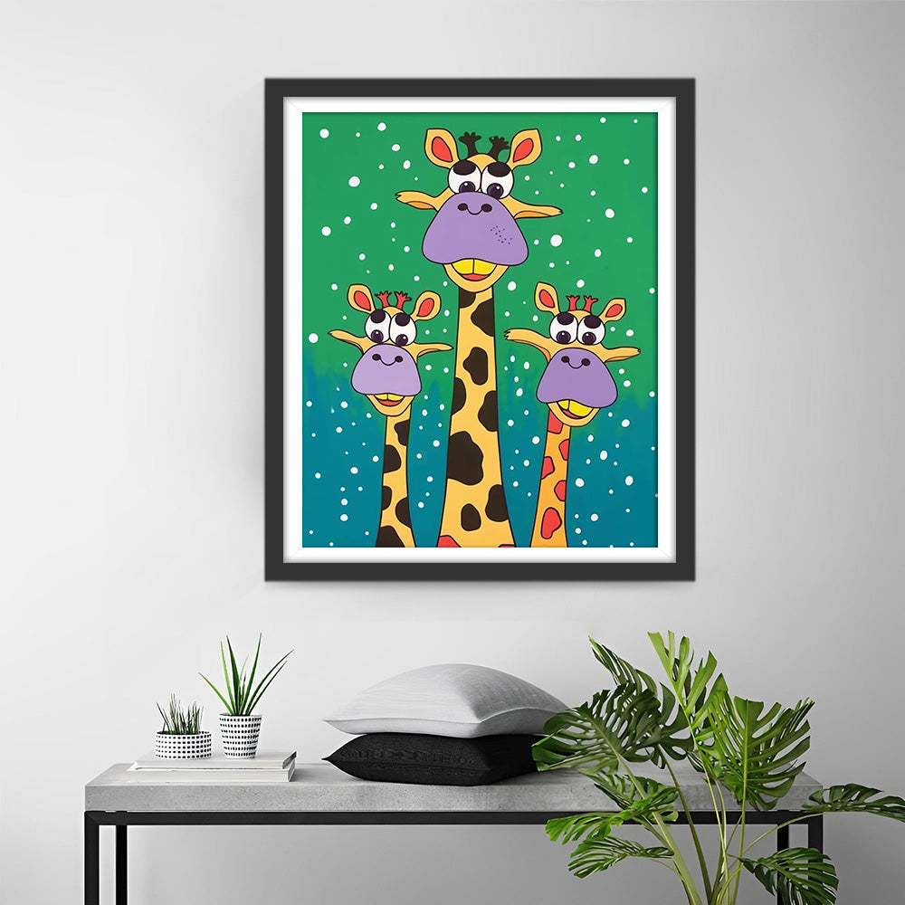 Drei Cartoon-Giraffen im Schnee Diamond Painting