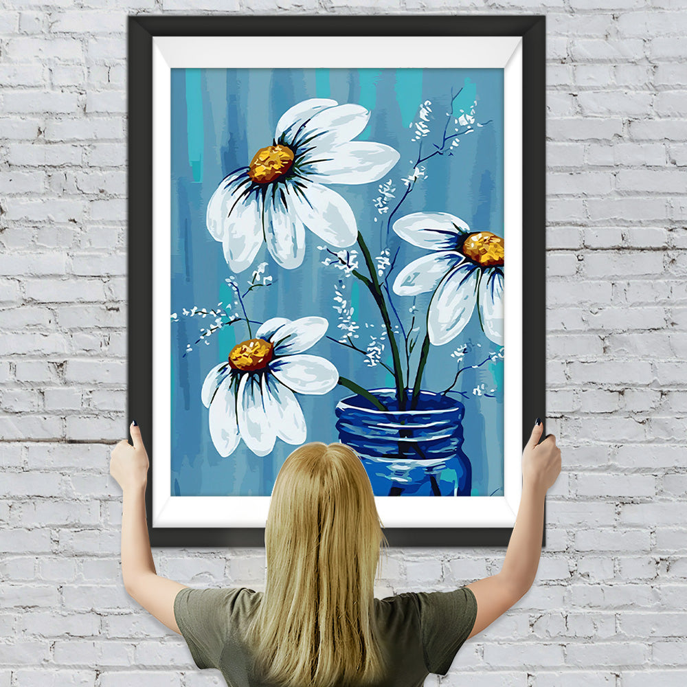 Drei Gänseblümchen in blauer Flasche Diamond Painting