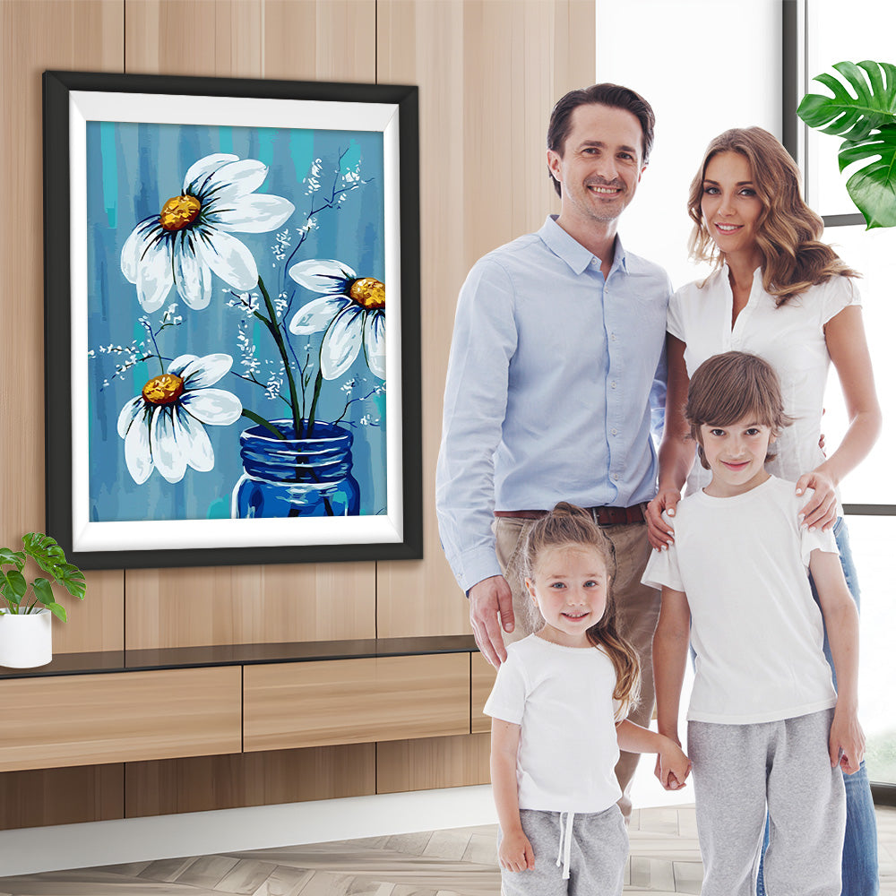 Drei Gänseblümchen in blauer Flasche Diamond Painting