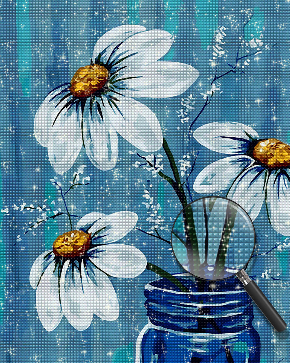 Drei Gänseblümchen in blauer Flasche Diamond Painting