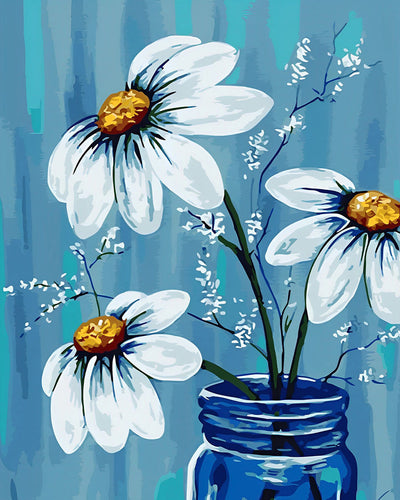 Drei Gänseblümchen in blauer Flasche Diamond Painting