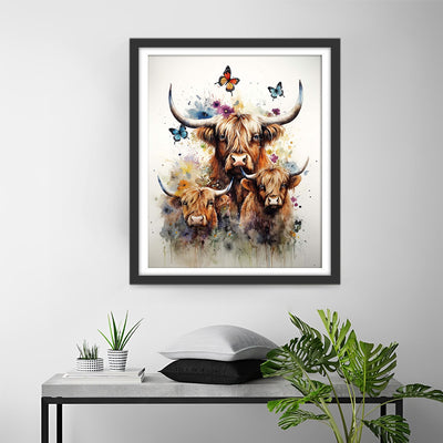 Drei Hochlandkühe und Schmetterlinge Diamond Painting