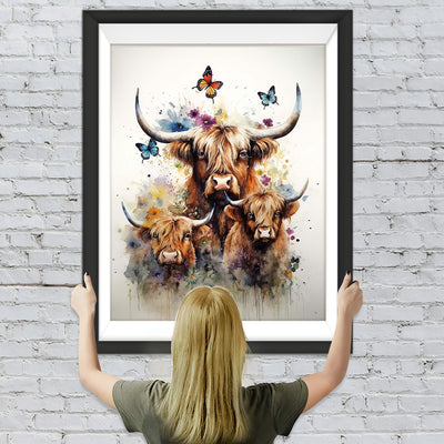Drei Hochlandkühe und Schmetterlinge Diamond Painting