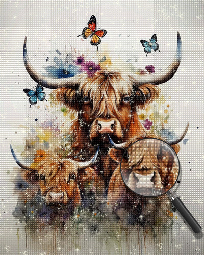 Drei Hochlandkühe und Schmetterlinge Diamond Painting