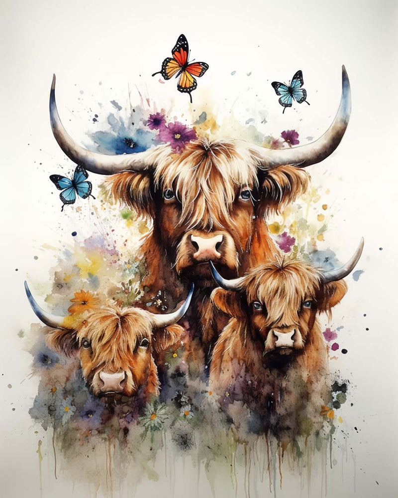 Drei Hochlandkühe und Schmetterlinge Diamond Painting