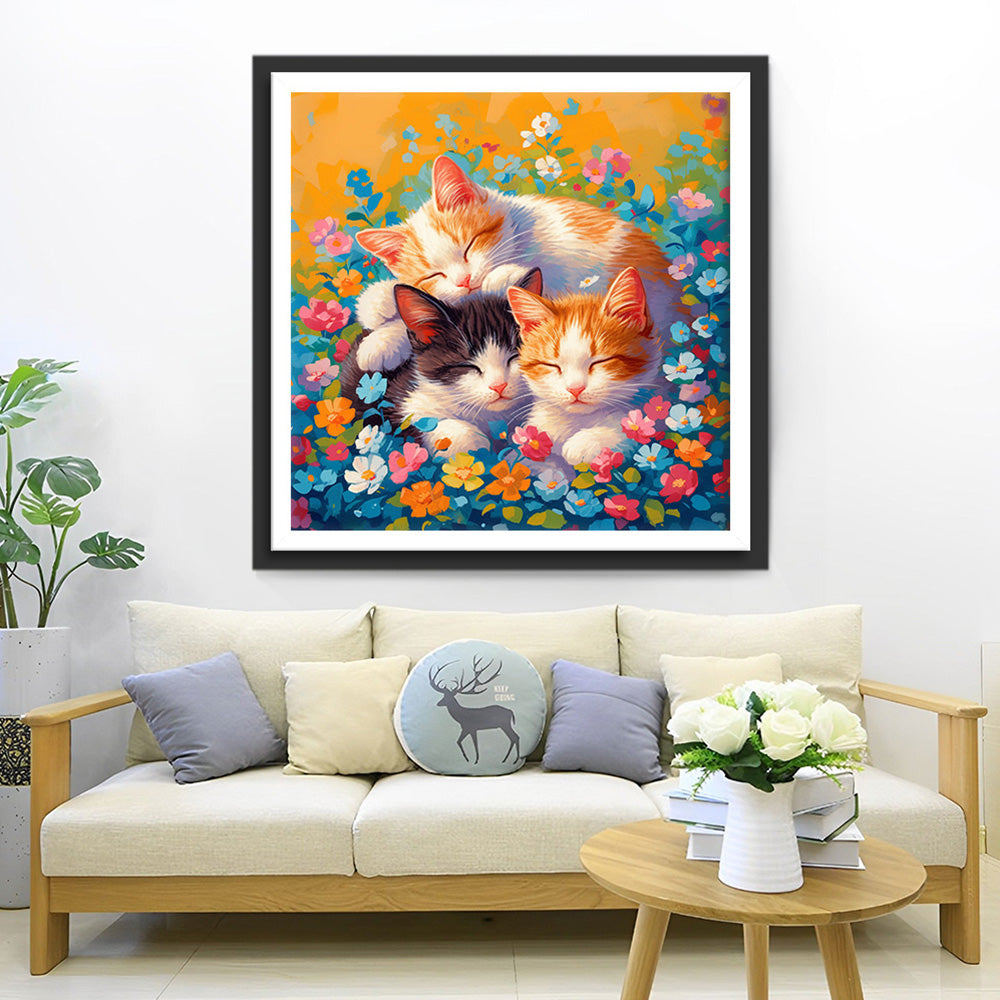 Drei Katzen, umgeben von Blumen Diamond Painting