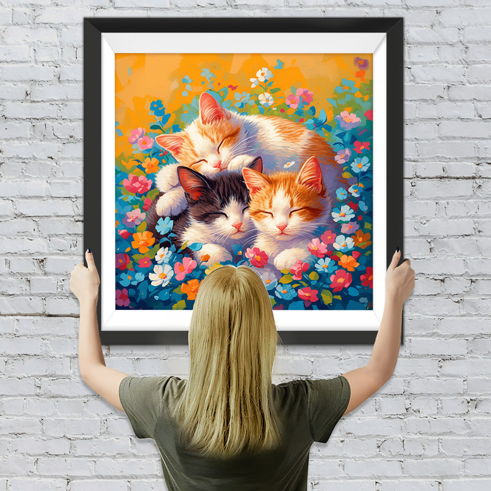 Drei Katzen, umgeben von Blumen Diamond Painting