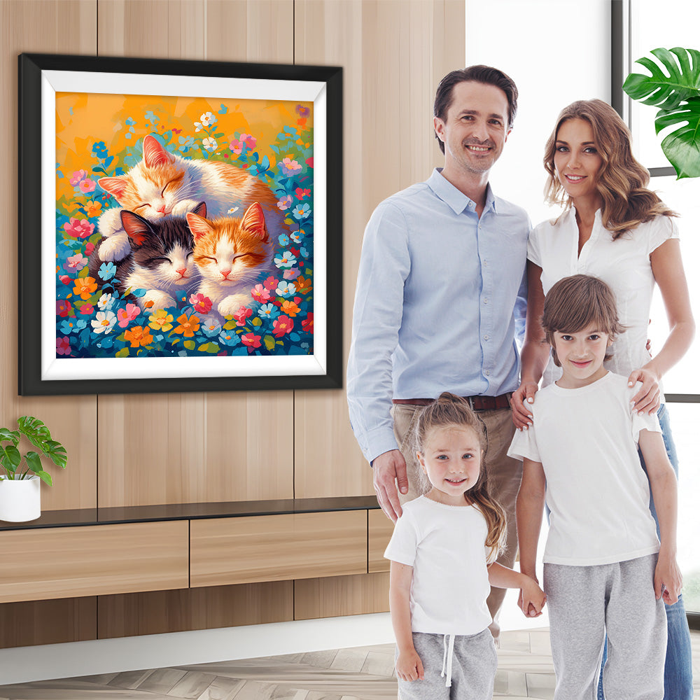 Drei Katzen, umgeben von Blumen Diamond Painting