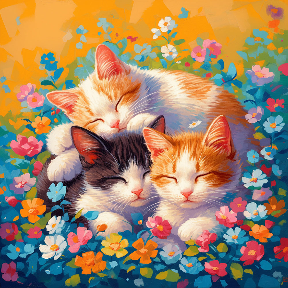 Drei Katzen, umgeben von Blumen Diamond Painting