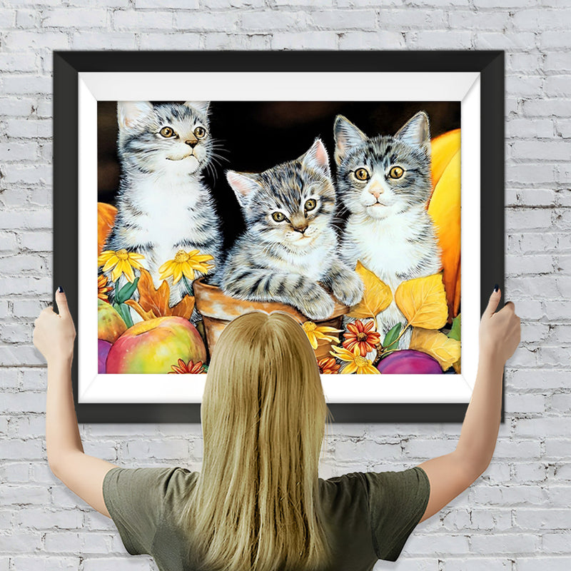 Drei Katzen und gelbe Blumen Diamond Painting