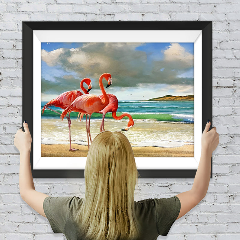 Drei rote Flamingos am Meer Diamond Painting