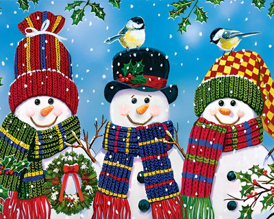 Drei Schneemänner mit Schals und Mützen Diamond Painting