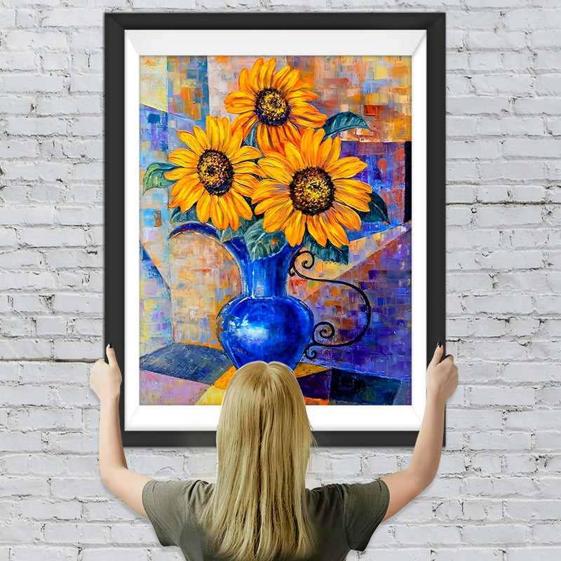 Drei Sonnenblumen in der blauen Vase Diamond Painting