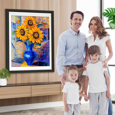 Drei Sonnenblumen in der blauen Vase Diamond Painting