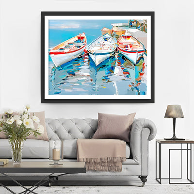 Drei weiße Boote auf dem Meer Diamond Painting