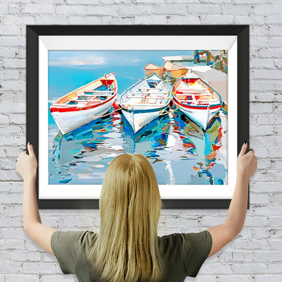 Drei weiße Boote auf dem Meer Diamond Painting