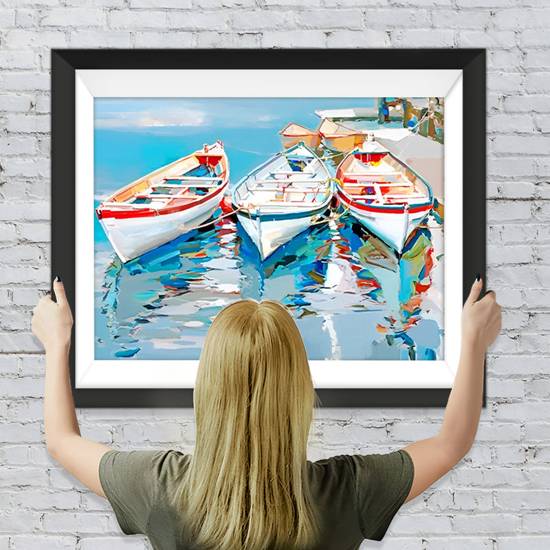 Drei weiße Boote auf dem Meer Diamond Painting