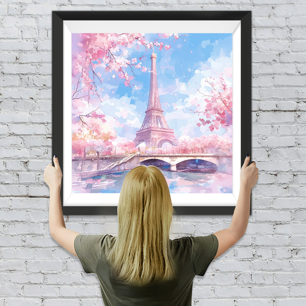 Eiffel und Rosa Blumen im Frühling Diamond Painting