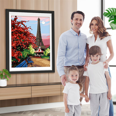 Eiffelturm, rote Bäume und Bank Diamond Painting