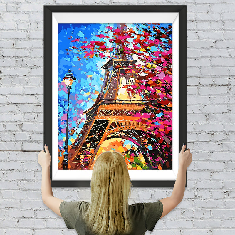 Eiffelturm und Baum mit Blumen Diamond Painting