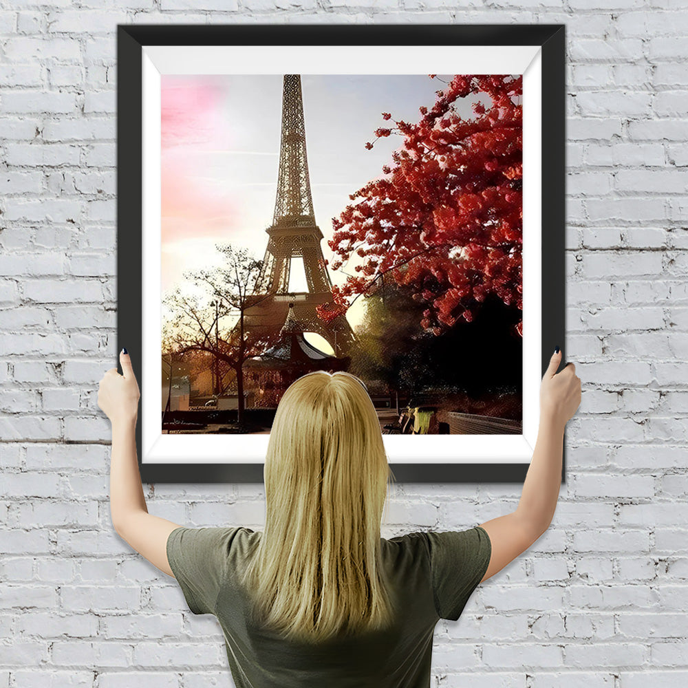 Eiffelturm und Baum mit roten Blumen Diamond Painting