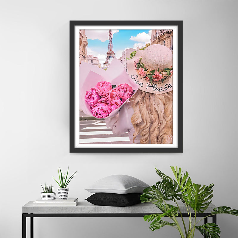 Eiffelturm und Frau mit Blumen Diamond Painting