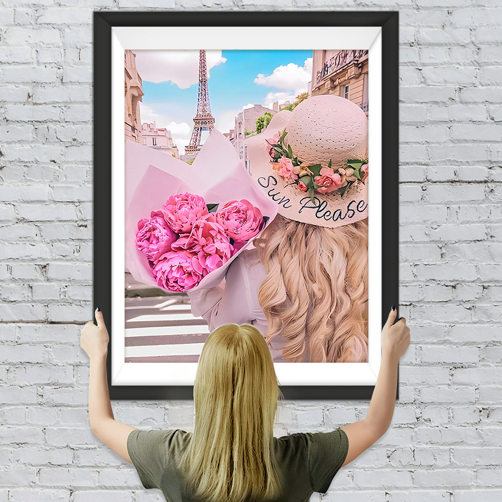 Eiffelturm und Frau mit Blumen Diamond Painting