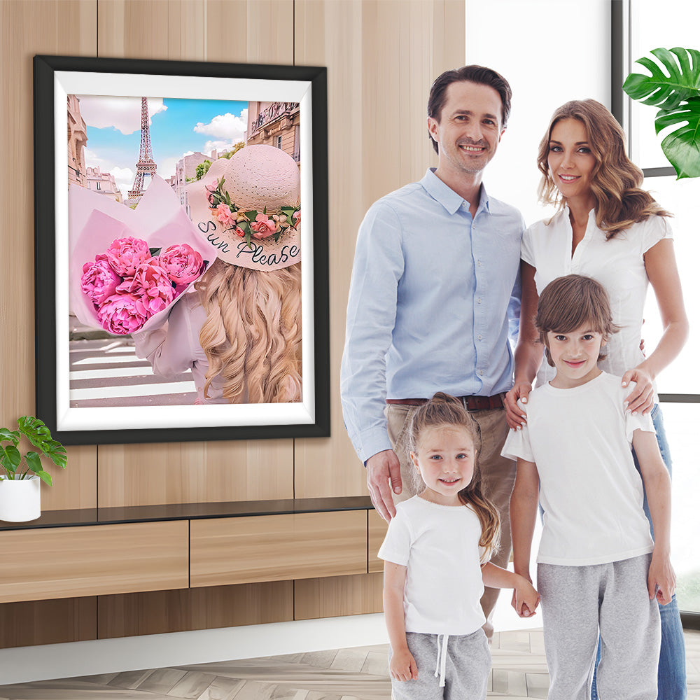 Eiffelturm und Frau mit Blumen Diamond Painting