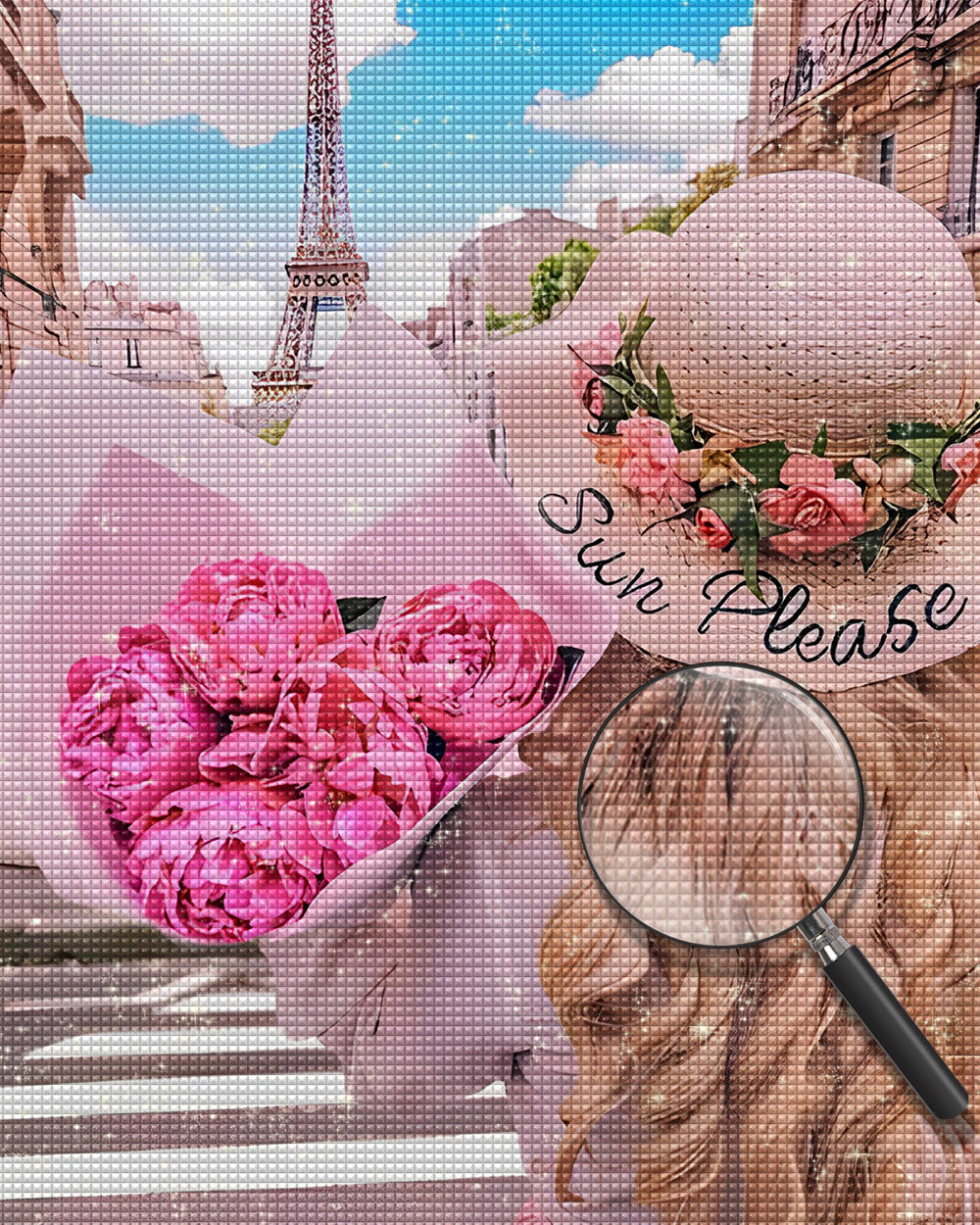 Eiffelturm und Frau mit Blumen Diamond Painting