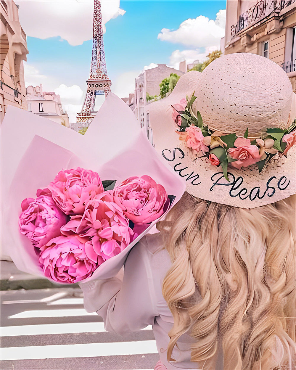 Eiffelturm und Frau mit Blumen Diamond Painting