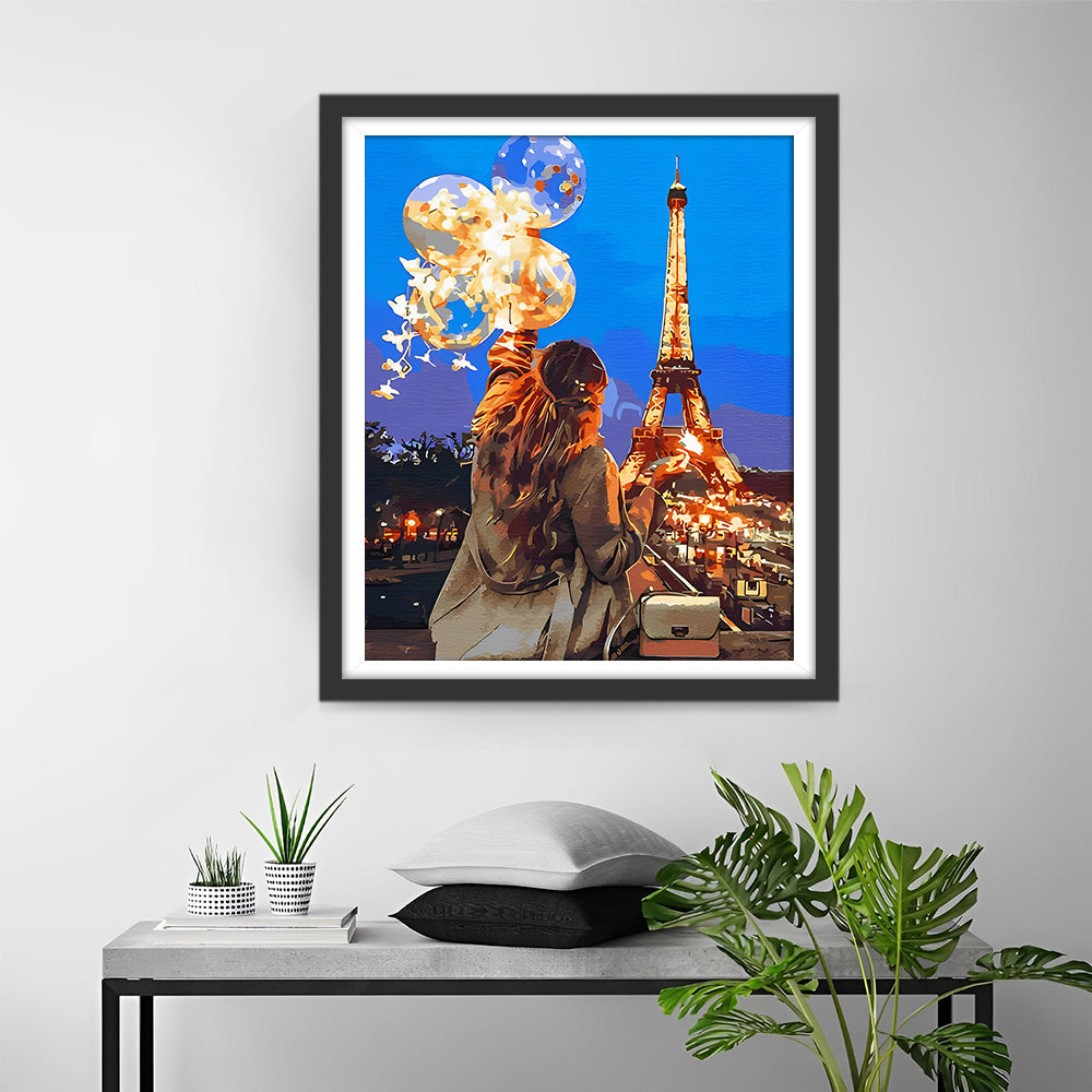 Eiffelturm und Frau mit Luftballons Diamond Painting