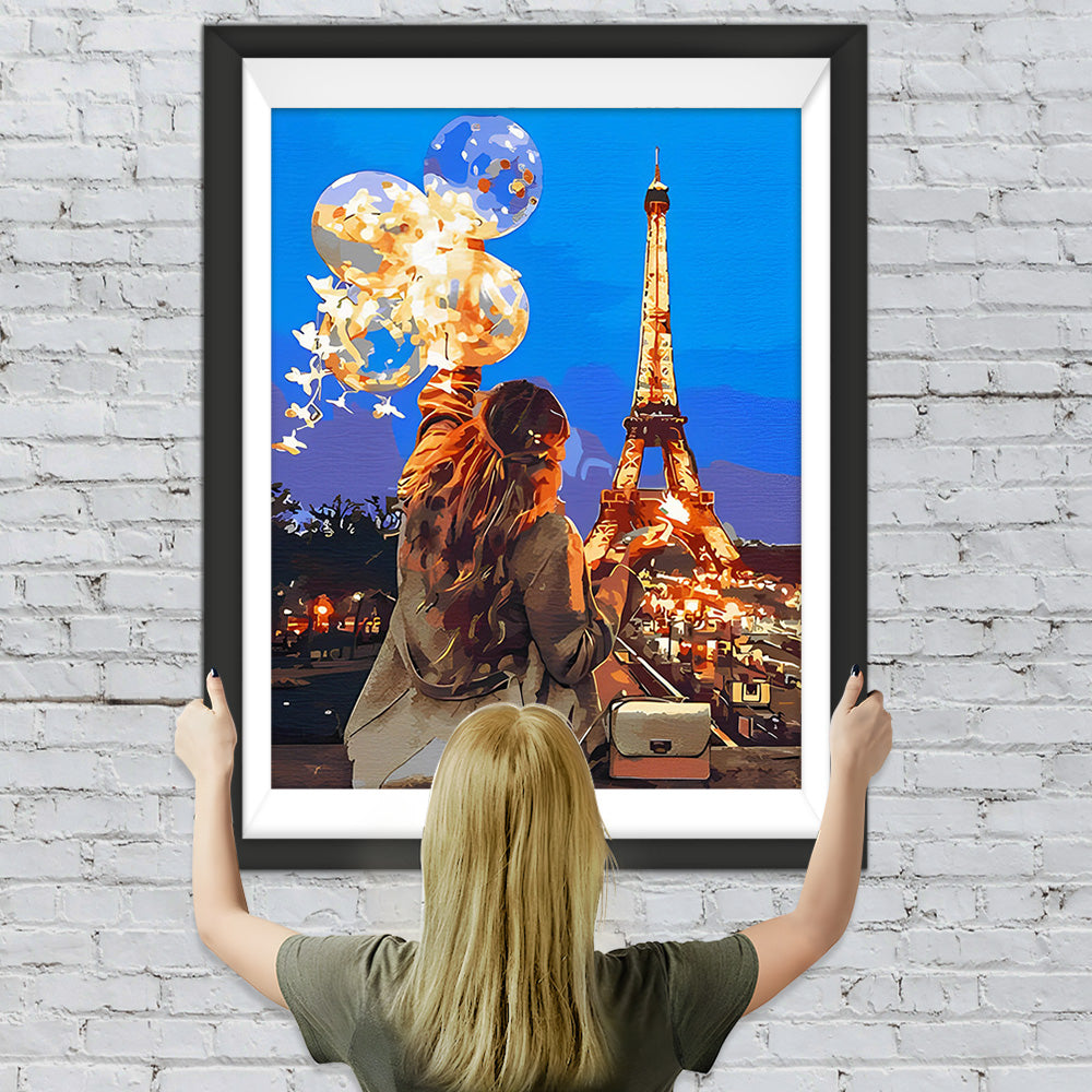 Eiffelturm und Frau mit Luftballons Diamond Painting