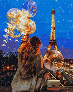 Eiffelturm und Frau mit Luftballons Diamond Painting
