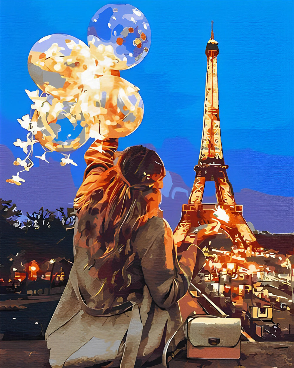 Eiffelturm und Frau mit Luftballons Diamond Painting