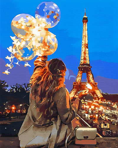 Eiffelturm und Frau mit Luftballons Diamond Painting