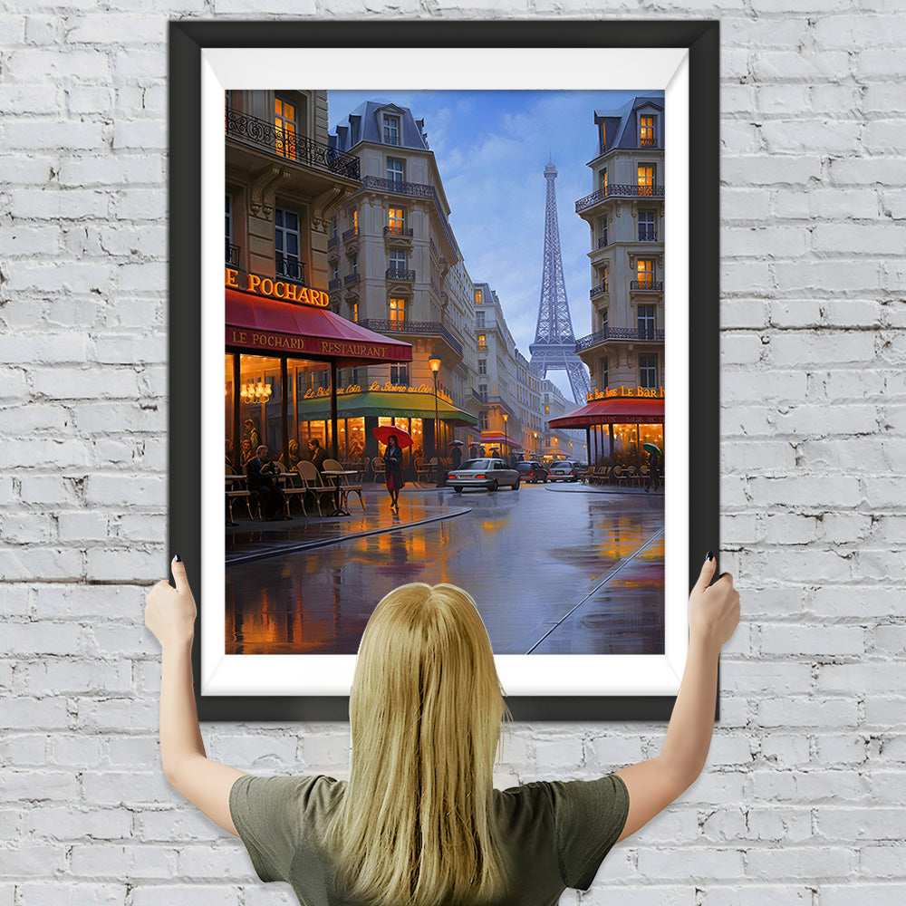 Eiffelturm und Geschäfte bei Nacht Diamond Painting